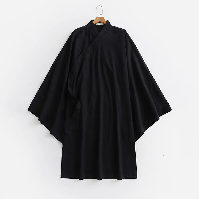 Buddha Stones 2Pcs Fall Solid Long Sleeve Men's Taoist Long Robe Lace-up Kimono Sleeveless Vest Qigong Ceremony Suit