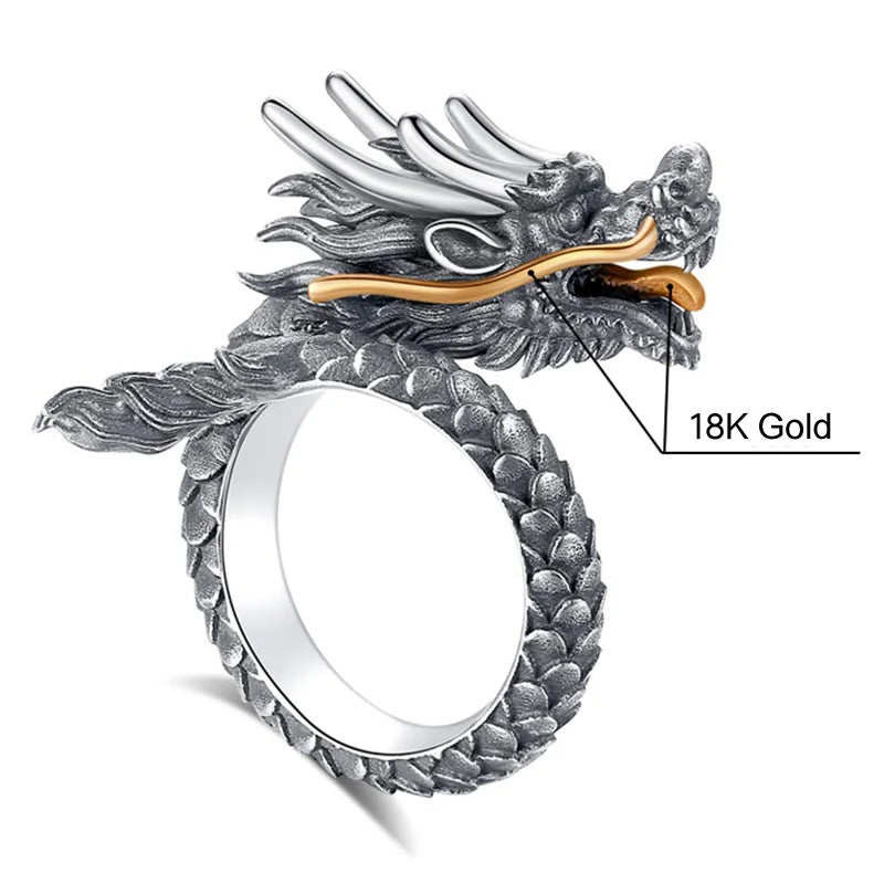 Buddha Stones 925 Sterling Silver Vintage Dragon Design Protection Strength Adjustable Ring  (Extra 30% Off | USE CODE: FS30)