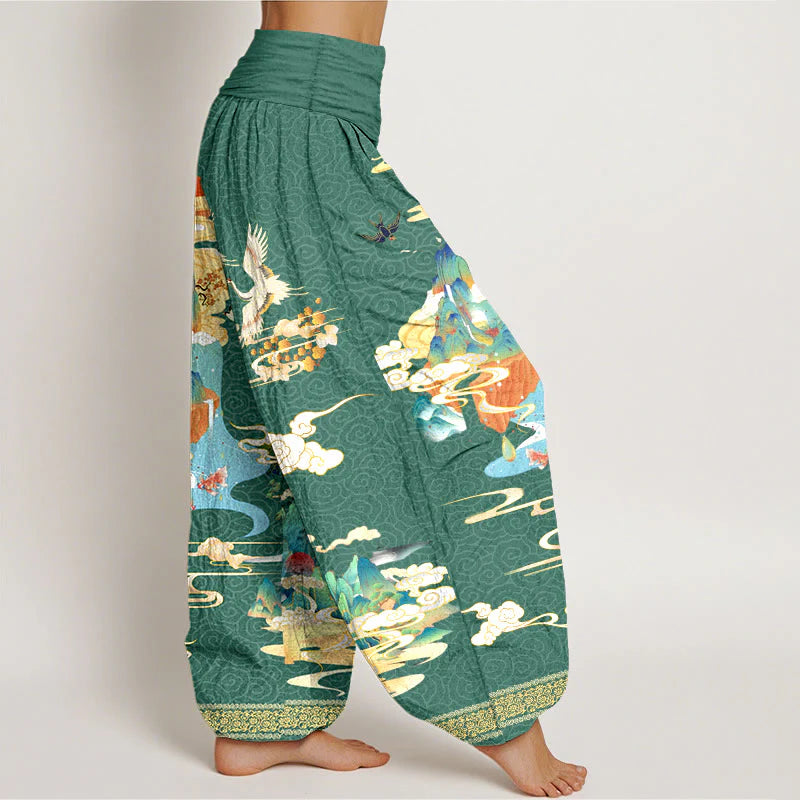Buddha Stones Pure Cotton Landscape Cranes Clouds Pattern Women's Elastic Waist Harem Pants