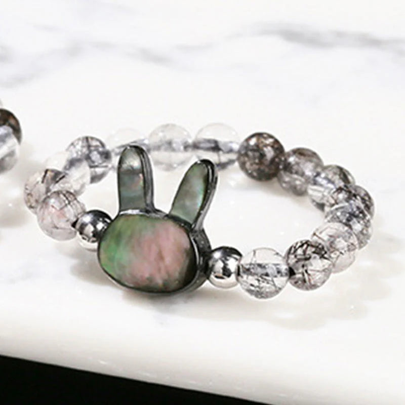Buddha Stones 3mm Black Rutilated Quartz Tridacna Stone Rabbit Cat Ring