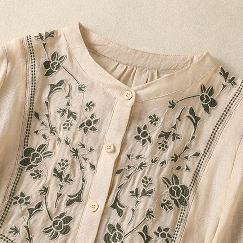 Buddha Stones Embroidery Single Breasted Women's Cotton Linen Three Quarter Sleeve Shirt