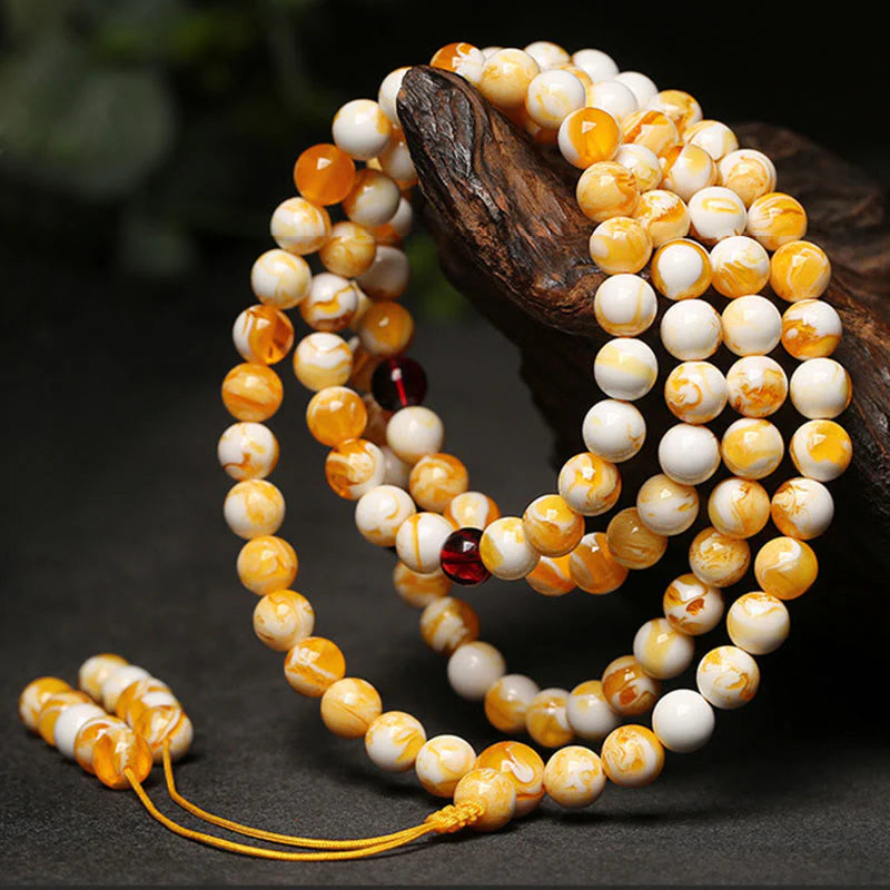 FREE Today: Focus and Spiritual Practice Tibetan White Yellow 108 Beads Amber Mala
