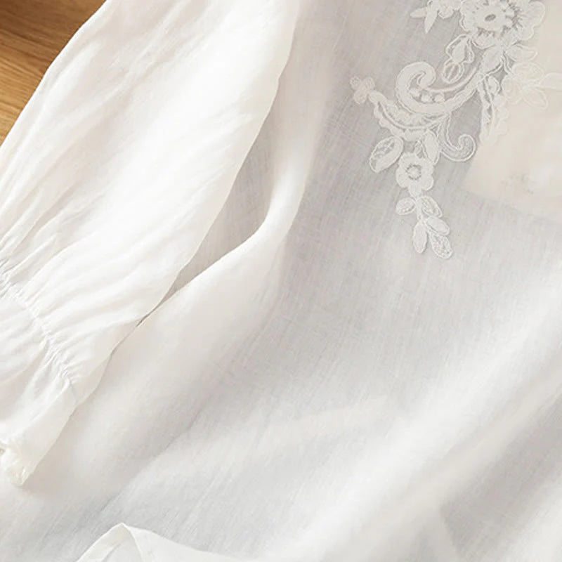 Buddha Stones Flower Vines Embroidery Button Crew Neck Three Quarter Sleeve Women's Cotton Shirt