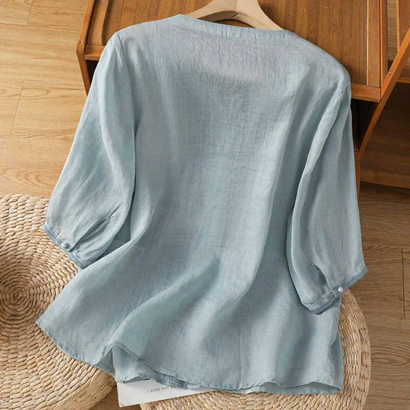 Buddha Stones Casual Embroidery Frog-Button Polyester Half Sleeve Women's V-neck Shirt