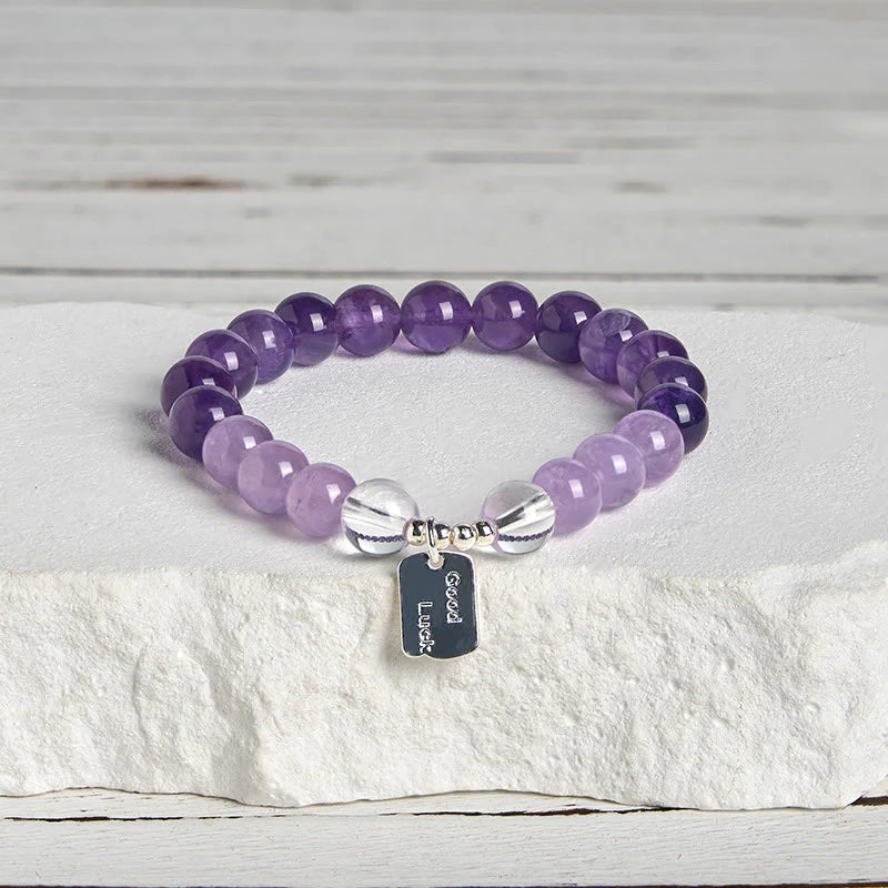 Buddha Stones Amethyst Rose Quartz Strawberry Quartz Good Luck Charm Bracelet