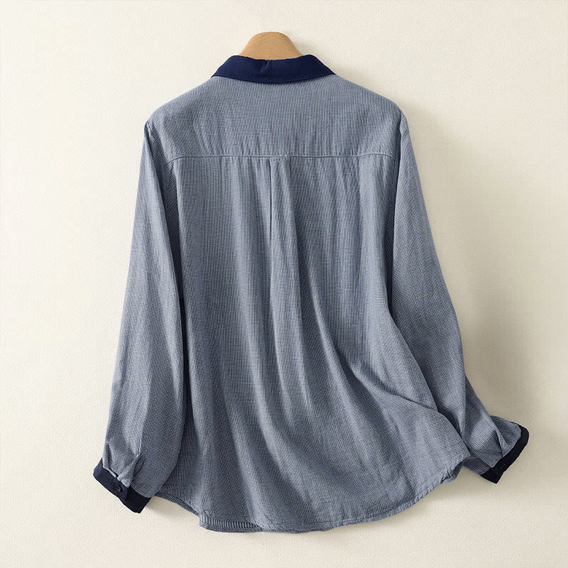 Buddha Stones Fall Blue Striped Color Blocking Stand Collar Buttons Down Design Women's Long Sleeve Shirt