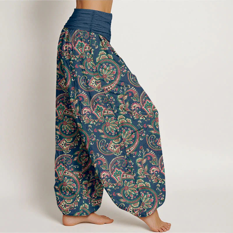 Buddha Stones Cotton Retro Complex Flowers Leaves Vine Pattern Women's Elastic Waist Harem Pants