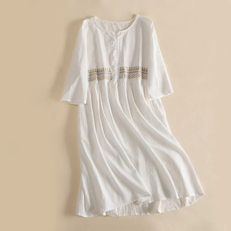 Buddha Stones Embroidery Geometry Half Sleeve Women's Midi Dress With Pockets