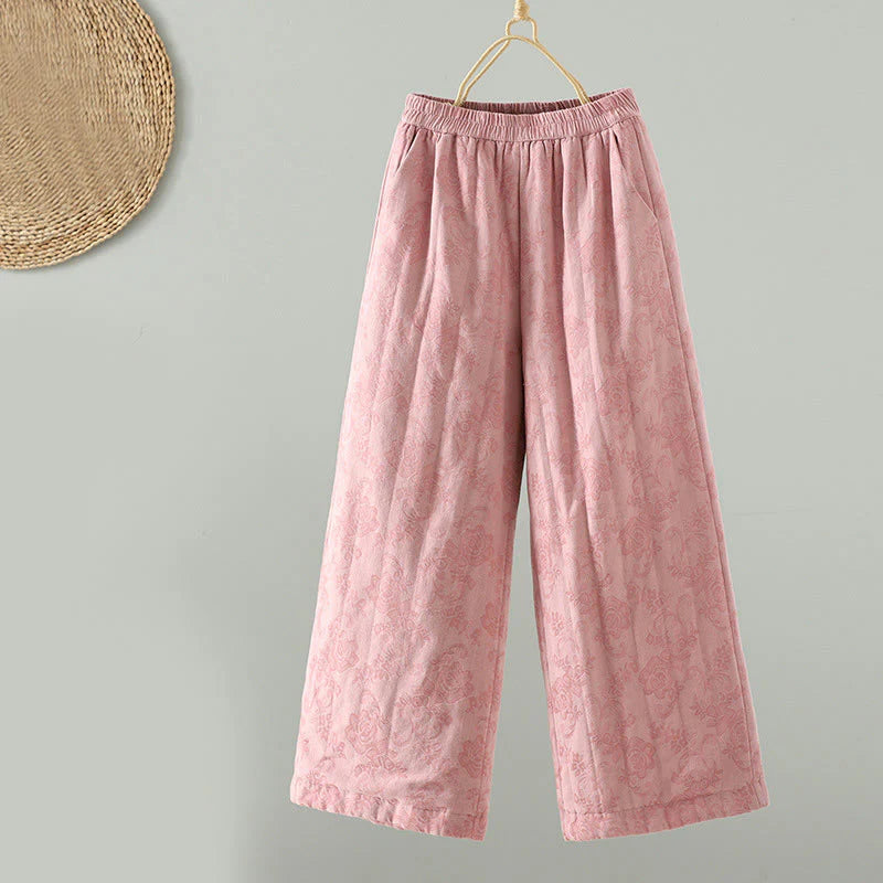 Buddha Stones Jacquard Cotton-padded Women's Wide Leg Thermal Ankle-Length Pants With Pockets