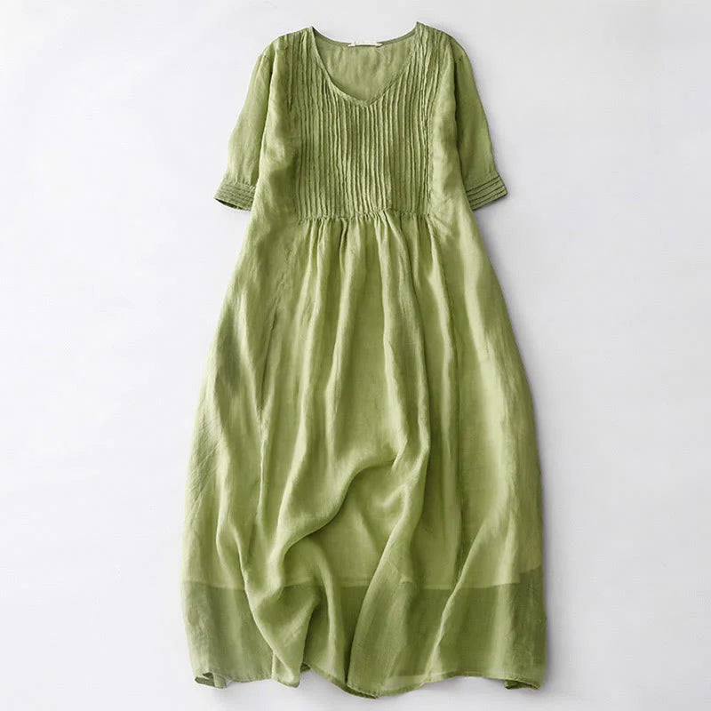 Buddha Stones Casual Accordion Pleat Plain V-neck Short Sleeve Cotton Midi Dress With Pockets