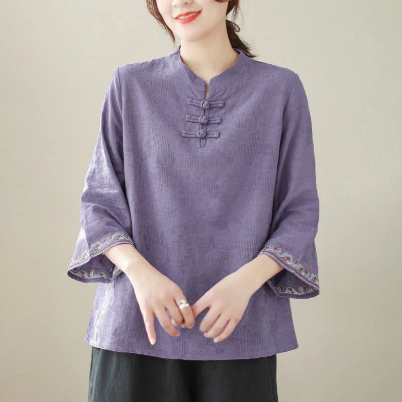 Buddha Stones Jacquard Frog-button Stand Collar Embroidered Three Quarter Sleeve Design Women's Cotton Shirt