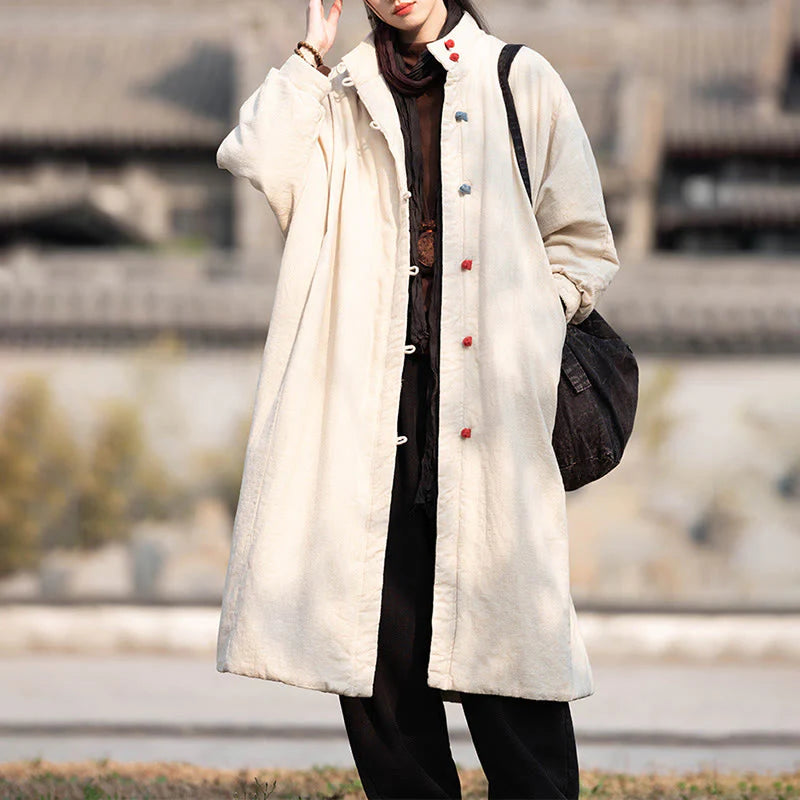 Buddha Stones Winter Solid Frog-Button Ramie Cotton Women's Long Sleeve Thermal Coat With Pockets