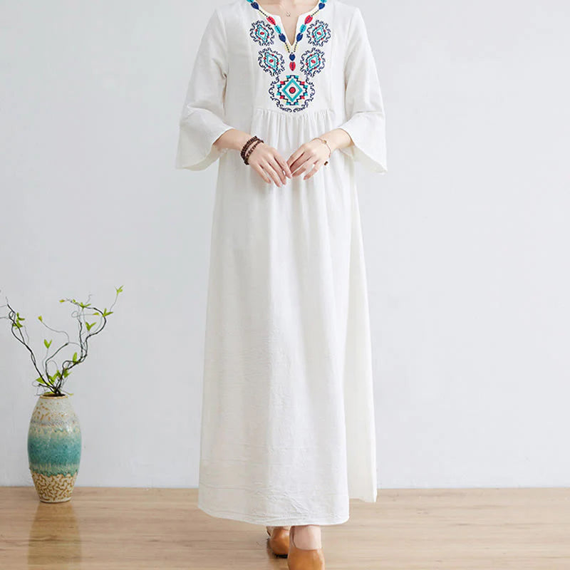 Buddha Stones Casual Embroidered Flower Pattern V-neck Three Quarter Sleeve Design Cotton Linen Midi Dress
