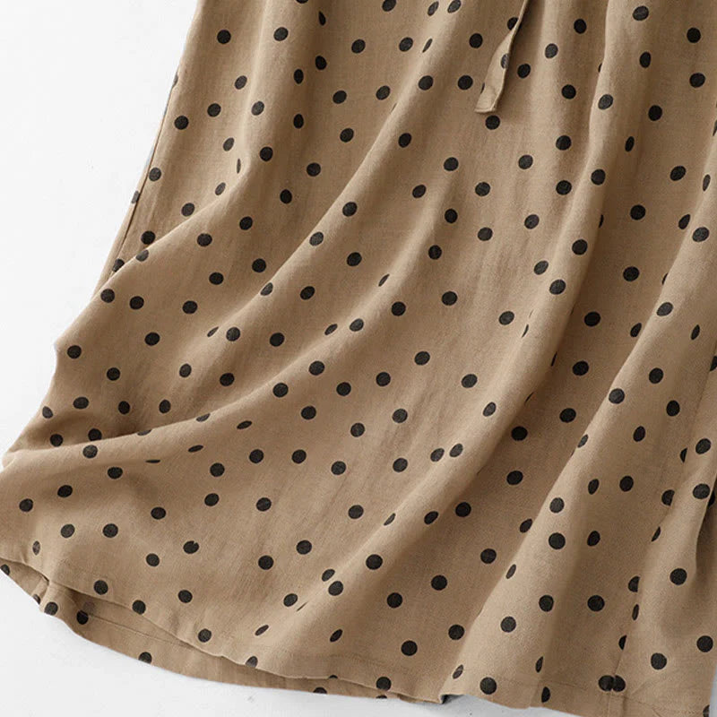 Buddha Stones Summer Polka Dot V-Neck Lace-up Cotton Linen Women's Midi Dress With Pockets