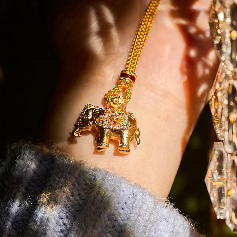 Buddha Stones 24k Gold Plated Brass Elephant Charm Strength Rope Necklace Pendant