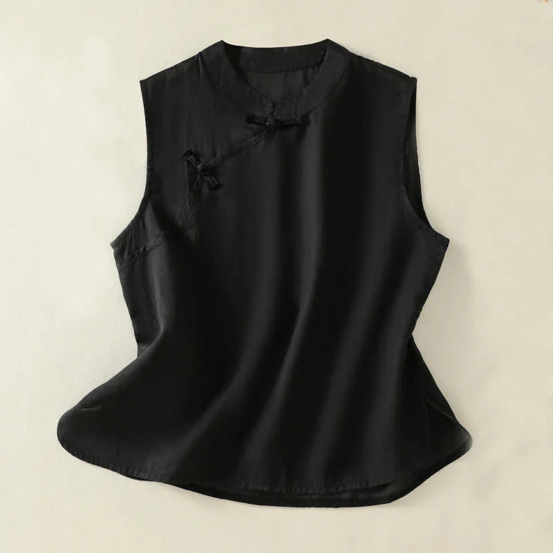 Buddha Stones Summer Retro Plain Frog-Button Stand Collar Women's Sleeveless Vest