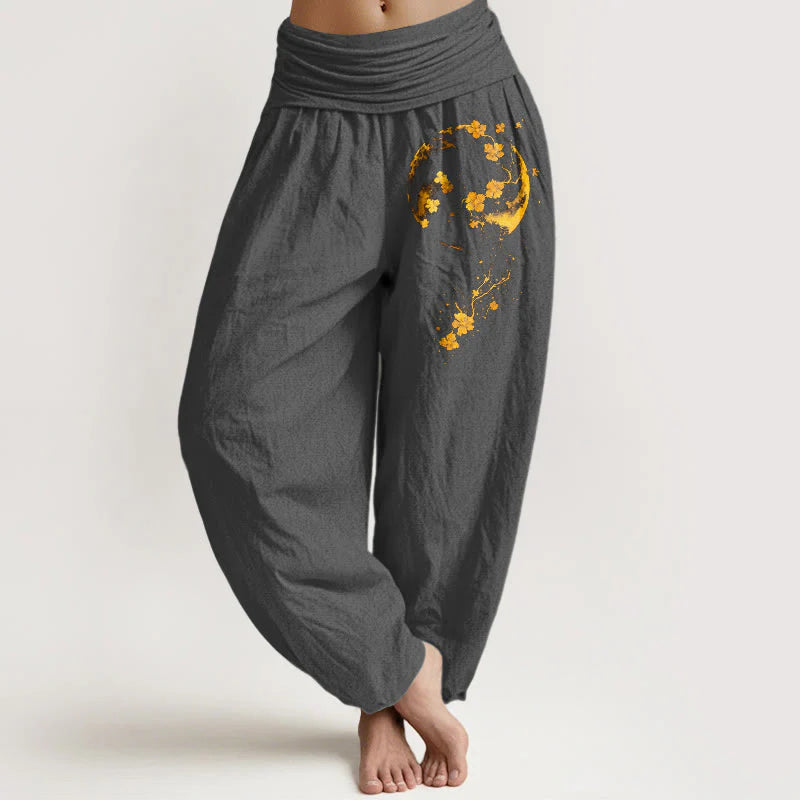 Buddha Stones Pure Cotton Brightly Colored Moon Flower Vine Pattern Women's Elastic Waist Harem Pants