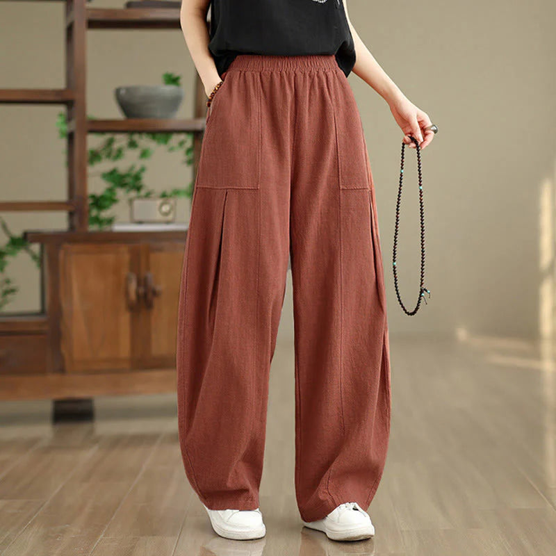 Buddha Stones Solid Color Cotton Linen Women's Straight Leg Pants With Pockets