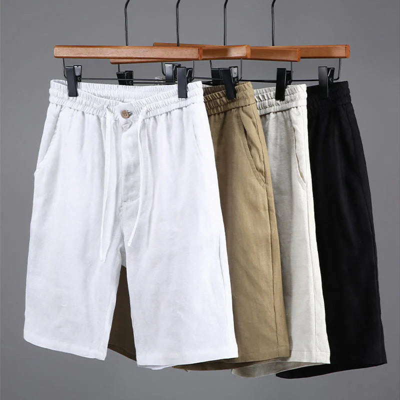 Buddha Stones Summer Solid Color Drawstring Button Design Men's Linen Shorts With Pockets