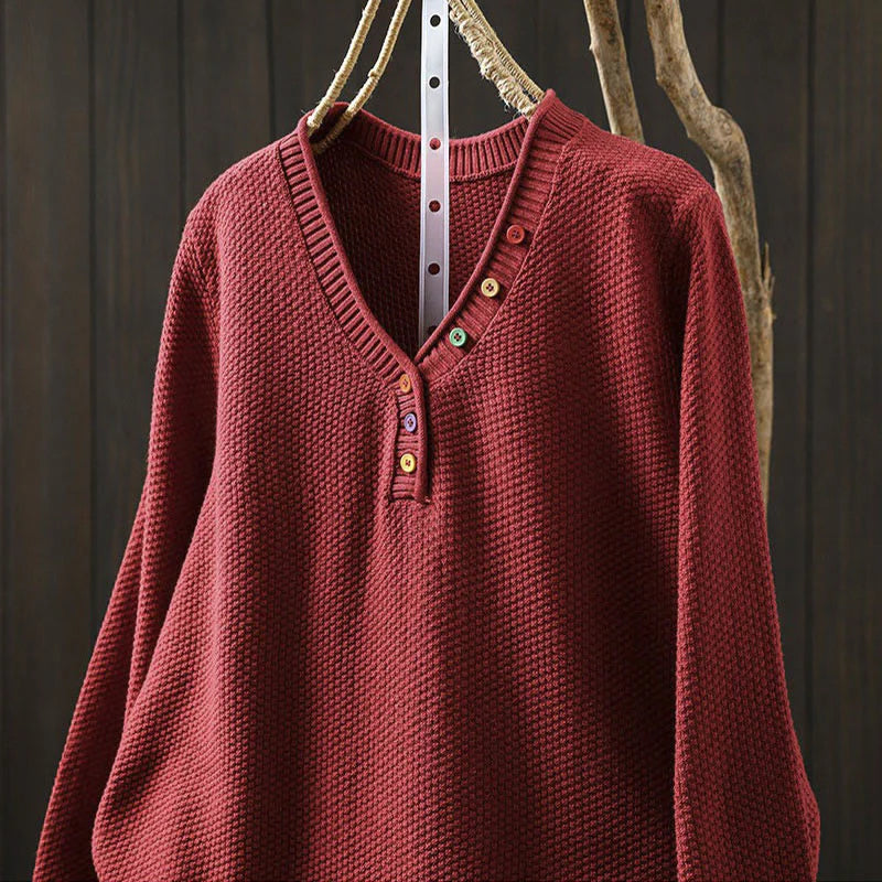 Buddha Stones Fall Colorful Buttons V-Neck Cotton Women's Long Sleeve Knitted Sweater