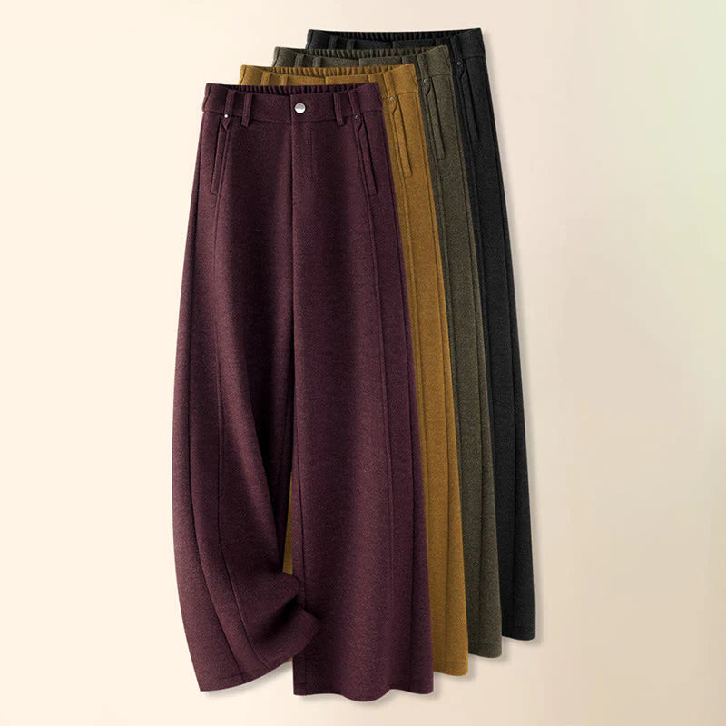 Buddha Stones Plain Button Cotton Thick Wool Women's Wide Leg Pants With Pockets