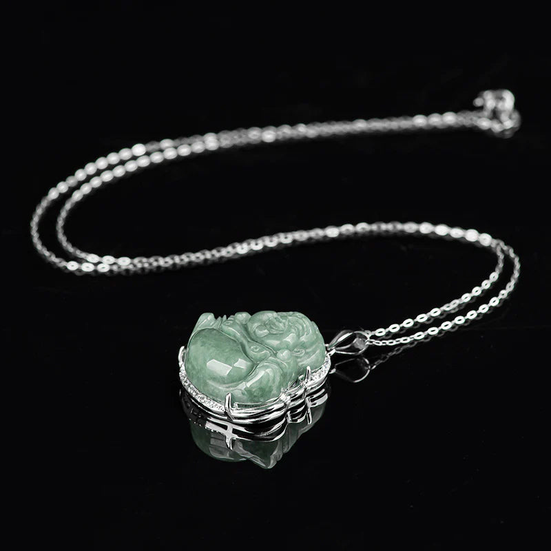 Buddha Stones Laughing Buddha Jade Abundance Necklace Titanium Steel Chain Pendant