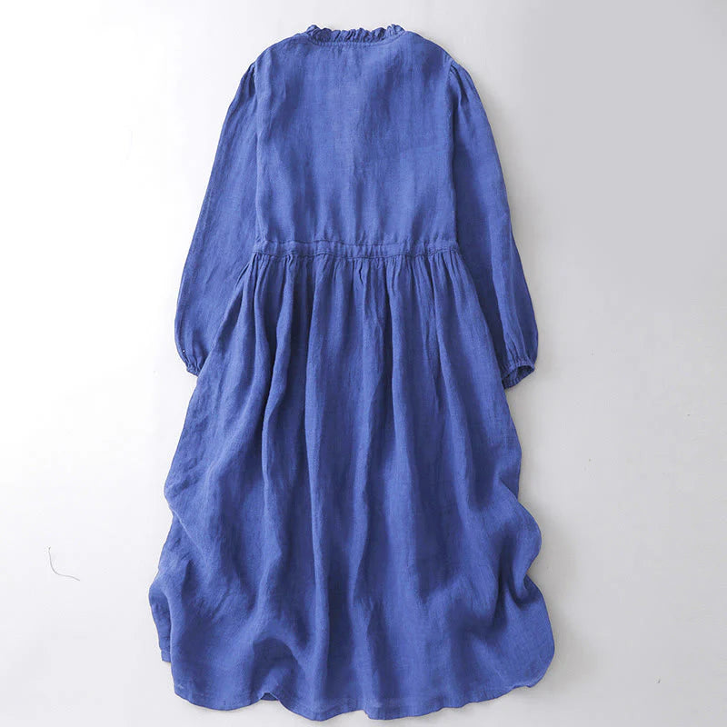 Buddha Stones Plain Long Sleeve Cotton Midi Dress With Pockets