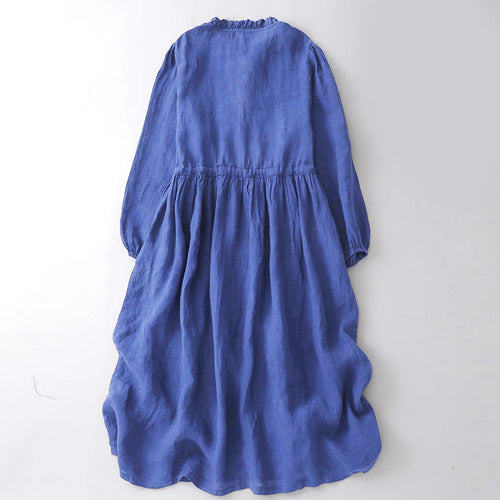 Buddha Stones Plain Long Sleeve Cotton Midi Dress With Pockets