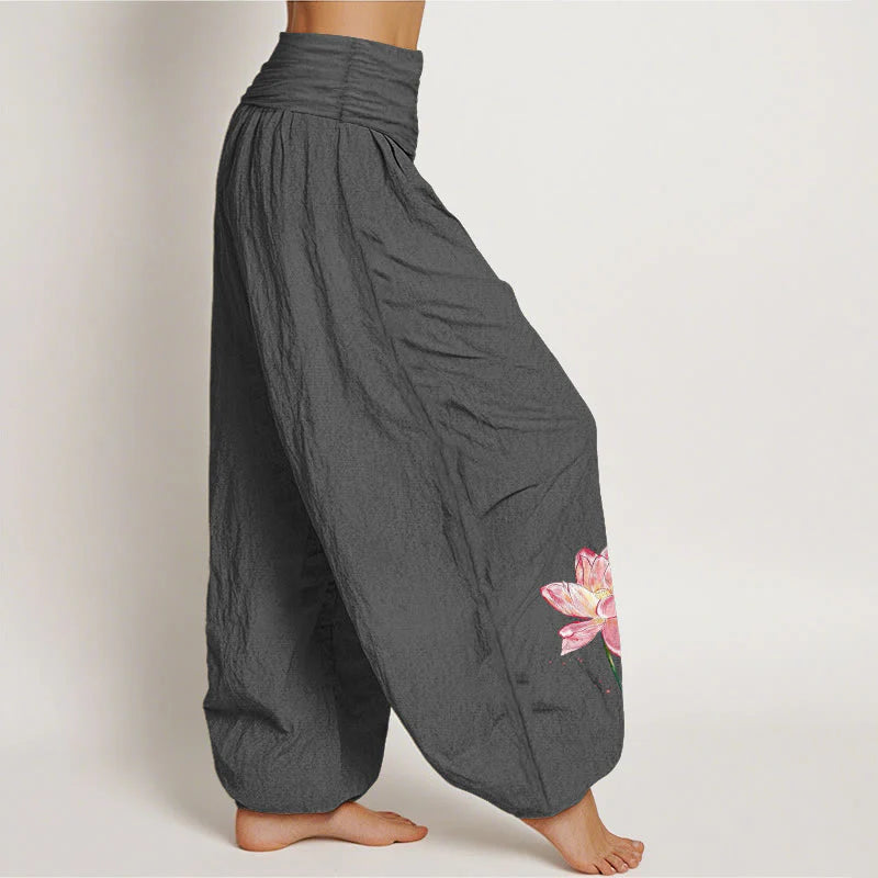 Buddha Stones Cotton Lotus Flower Sun Pattern Women's Elastic Waist Harem Pants