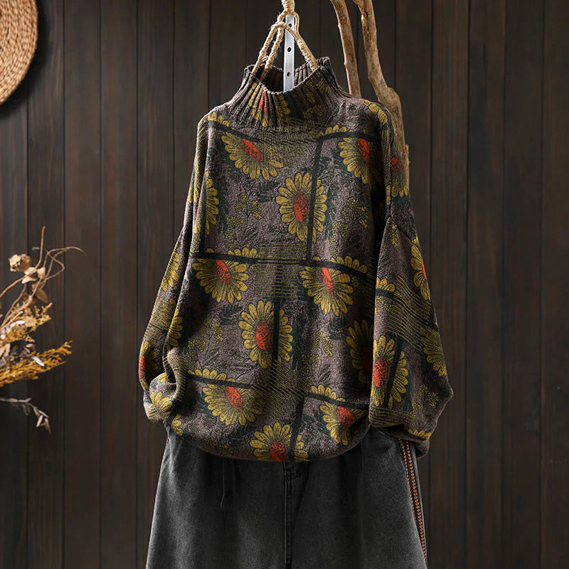 Buddha Stones Sunflower Pattern Mock Neck Long Sleeve Women's Cotton Sweater