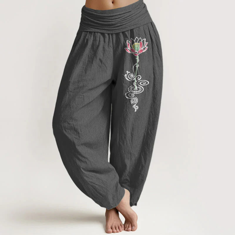 Buddha Stones Pure Cotton Simple Lotus Flower Pattern Women's Elastic Waist Harem Pants