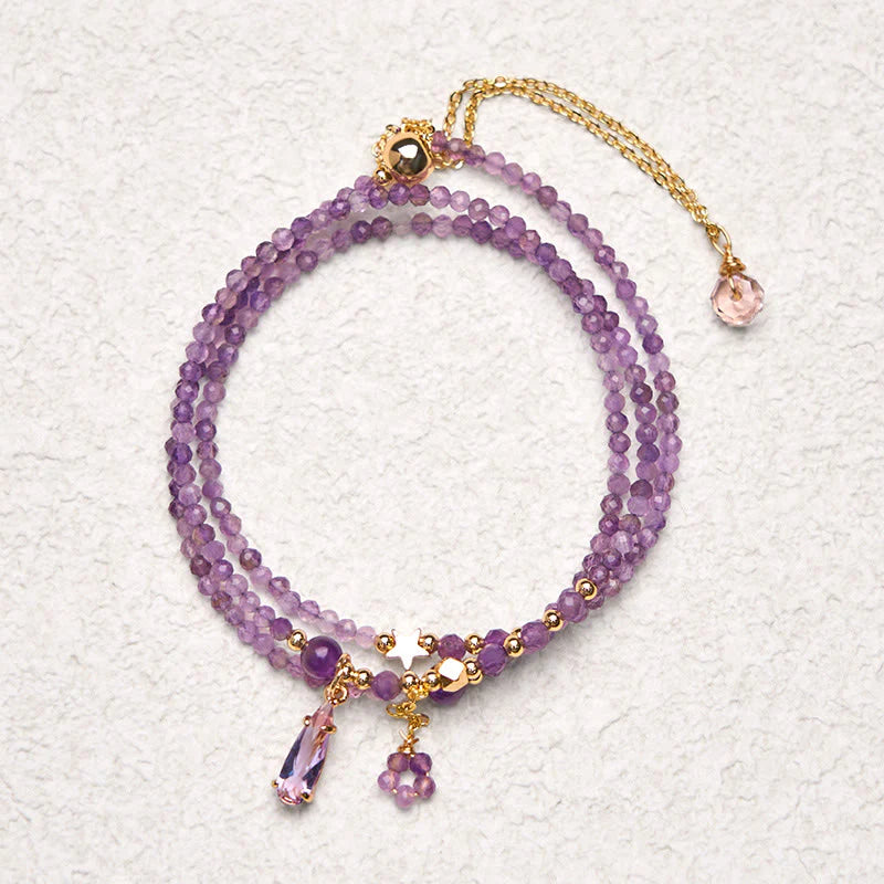 Buddha Stones Natural Amethyst Water Drop Star Meditation Triple Wrap Bracelet
