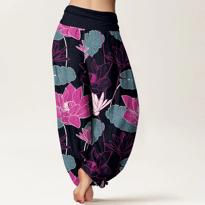 Buddha Stones Pure Cotton Retro Lotus Flowers Leaves Pattern Women's Elastic Waist Harem Pants