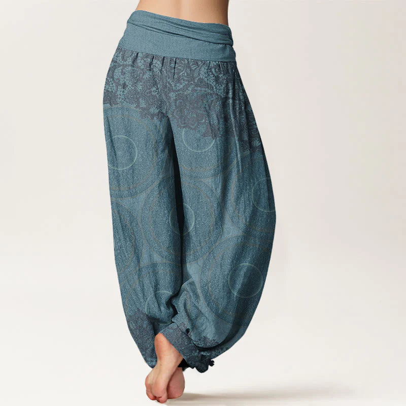 Buddha Stones Cotton Casual Flowers Compass Design Women's Elastic Waist Harem Pants