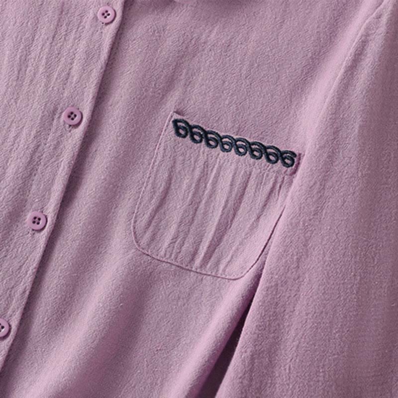 Buddha Stones Women's Spring Retro Plain Simple Embroidery Design Long Sleeve Cotton Shirt With Pocket