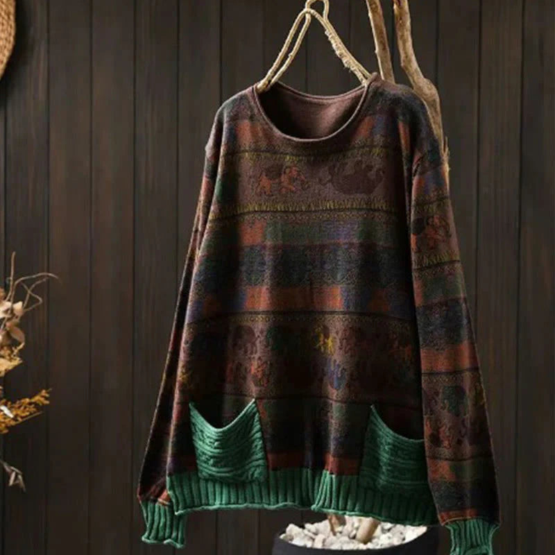 Buddha Stones Fall Elephant Pattern Knitted Cotton Women's Long Sleeve Sweater With Pockets