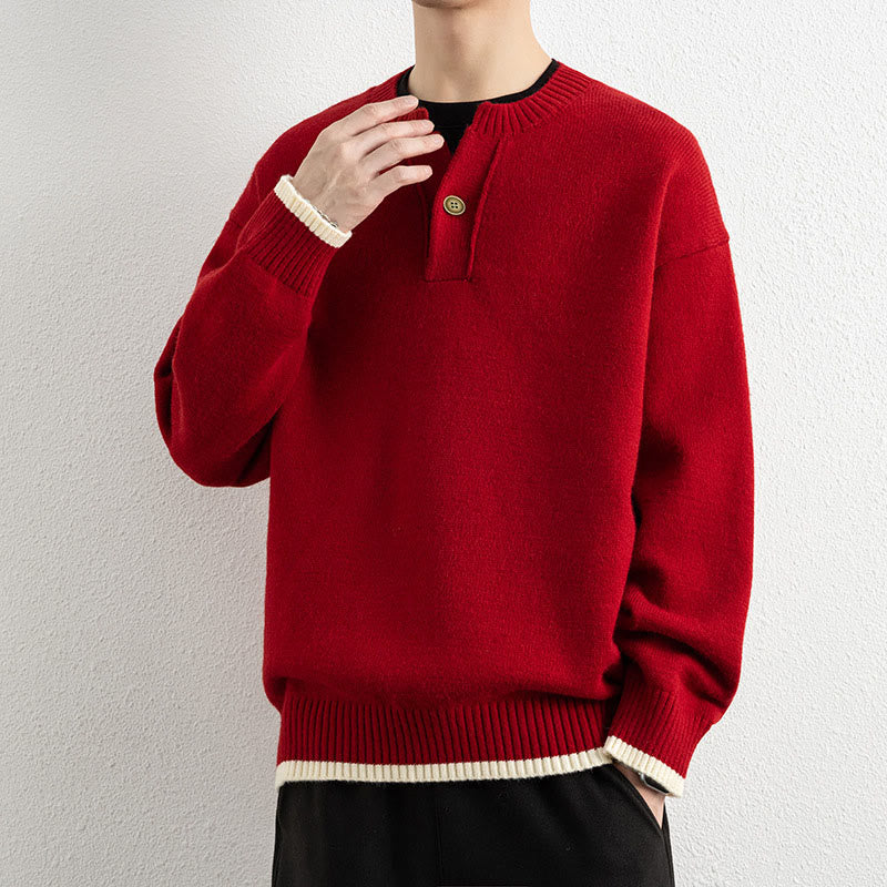 Buddha Stones Winter V-Neck One Button Design Warm Men's Long Sleeve Knitted Sweater
