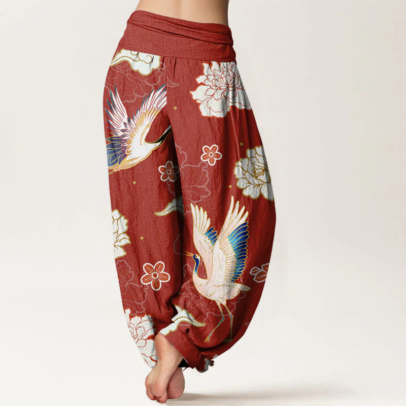 Buddha Stones Print Cranes Peonies Pattern Women's Elastic Waist Harem Pure Cotton Pants
