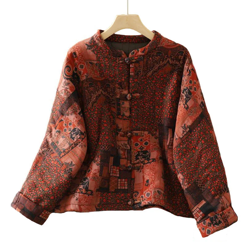 Buddha Stones Women's Ethnic Floral Long Sleeve Frog-buttons Cotton Thermal Jacket