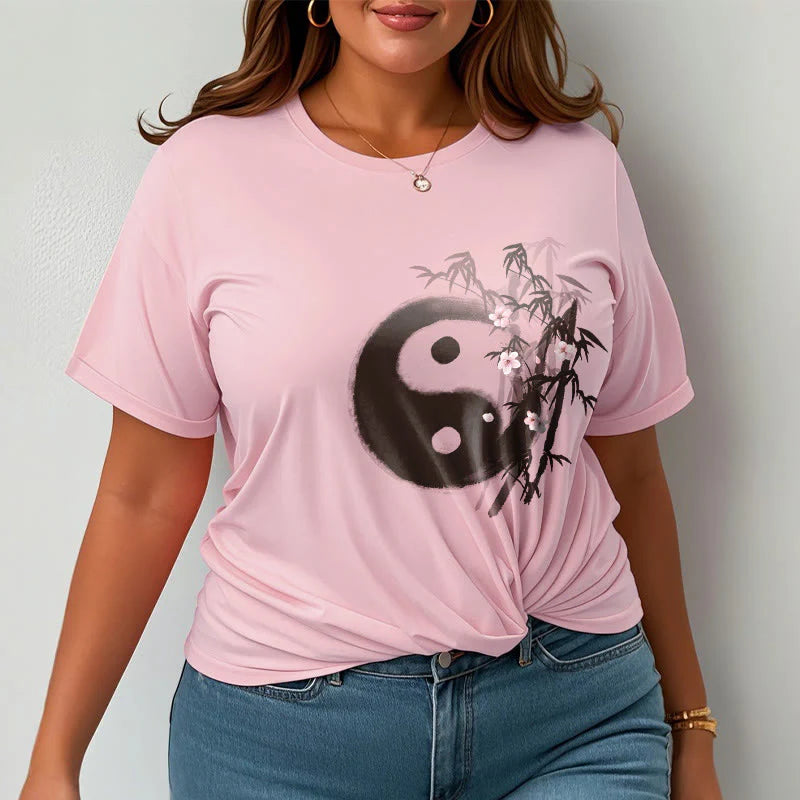 Buddha Stones Yin Yang Bamboo Cherry Blossom Pattern Tee T-shirt