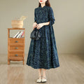 Buddha Stones Printed Floral Long Sleeve Stand Collar Cotton Maxi Dress With Pockets