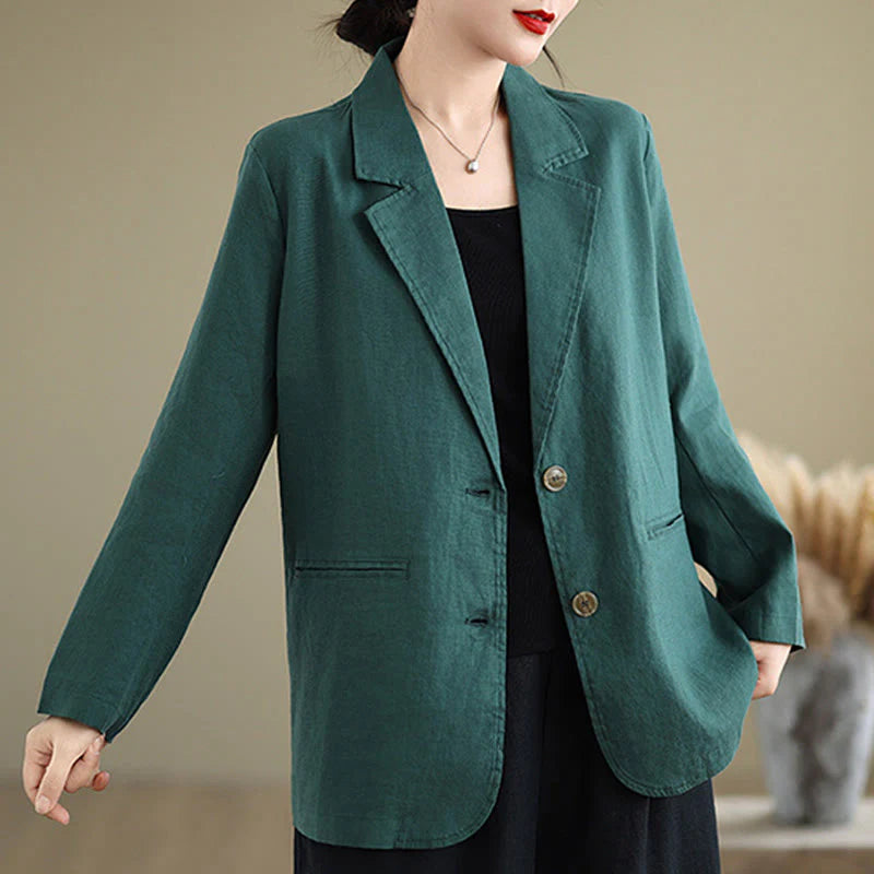 Buddha Stones Spring Solid Color Long Sleeve Cotton Linen Women's Jacket With Pockets