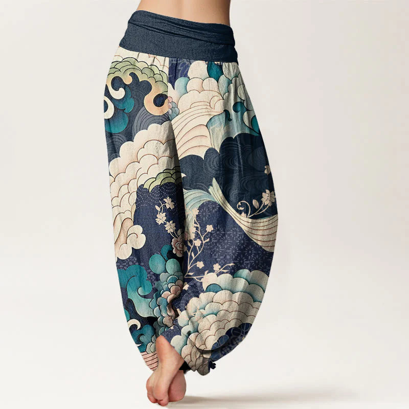 Buddha Stones Cotton Flower Wave Pattern Women's Elastic Waist Harem Pants