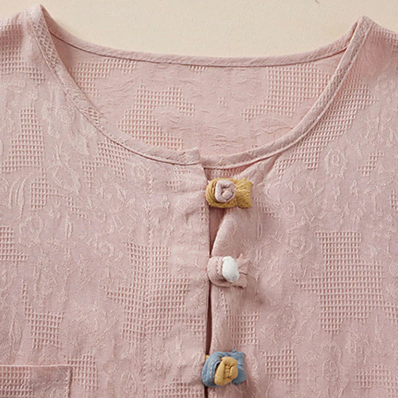 Buddha Stones Casual Flower Colorful Frog Button Half Sleeve Cotton Linen Women's Shirt