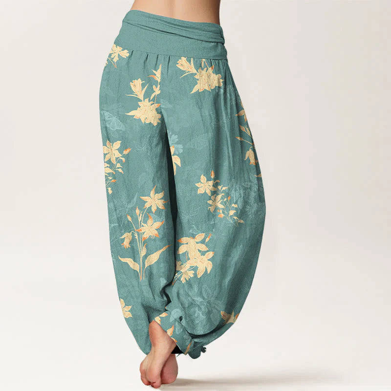 Buddha Stones Cotton Fresh Refined Flower Leaf Pattern Women's Elastic Waist Harem Pants