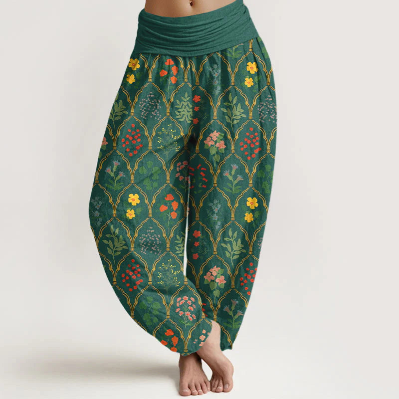Buddha Stones Pure Cotton Brilliant Flowers Berries Leaves Pattern Women's Elastic Waist Harem Pants