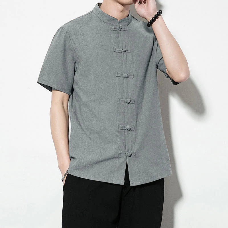 Buddha Stones Casual Solid Color Front Frog Buttons Chinese Tang Suit Short Sleeve Linen Men's Shirt