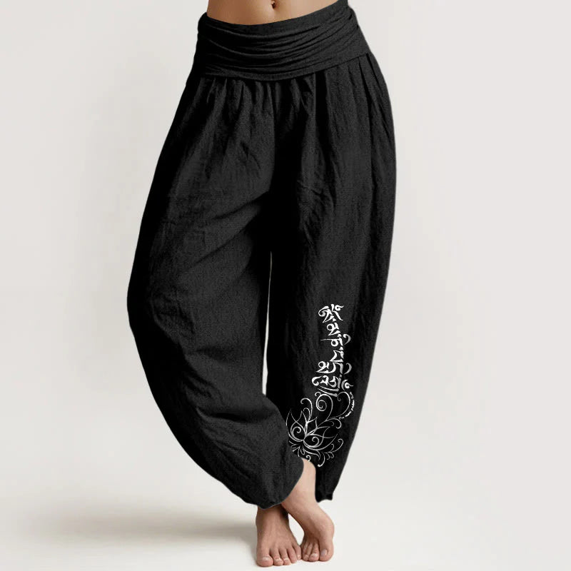 Buddha Stones Pure Cotton Simple Om Mani Padme Hum Lotus Pattern Women's Elastic Waist Harem Pants