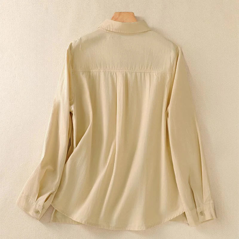 Buddha Stones Spring Lapel Long Sleeve Plain Women's Cotton Buttons Shirt With Pockets