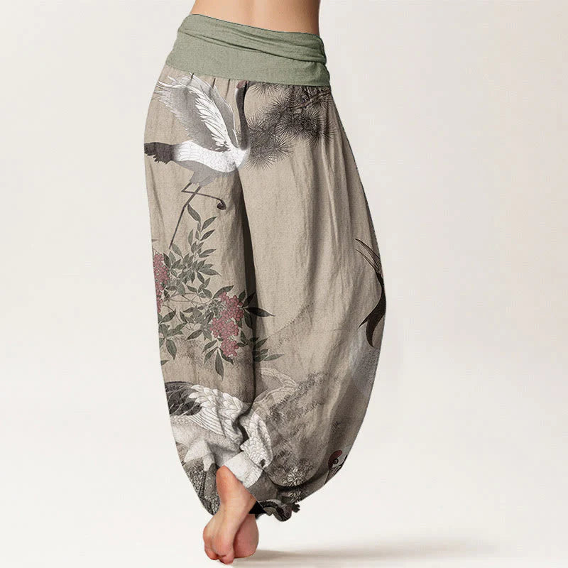 Buddha Stones Pure Cotton Casual Red-crowned Crane Pine Tree Mountain Women's Elastic Waist Harem Pants
